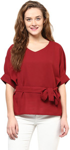 Miss Chase Party Short Sleeve Solid Women's Maroon Top