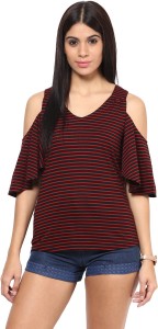 Hypernation Casual Cap Sleeve Striped Women's Red Top