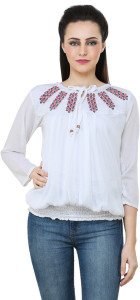 BuyNewTrend Casual 3/4th Sleeve Embroidered Women's White Top