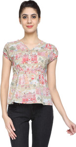 Niriksha Casual Short Sleeve Self Design Women's Beige Top