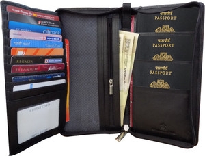 Kan Kan Black Genuine Leather Travel Organizer Wallet For Men and Women