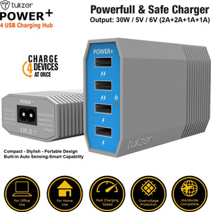 Tukzer 4 Ports USB Charging Hub : 6 Amp Power Plus Fast Charging, 4 ft / 1.2 mtr power cord included, Input Overvoltage Protection, charge 4 devices at once for your iPod, iPad, iPhone, SmartPhones, Tablet, E-Readers and MP3 players & other electronic devices for wide ranging use USB Hub