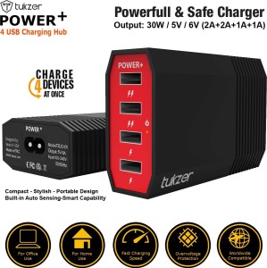 Tukzer 4 Ports USB Charging Hub : 6 Amp Power Plus Fast Charging, 4 ft / 1.2 mtr power cord included, Input Overvoltage Protection, charge 4 devices at once for your iPod, iPad, iPhone, SmartPhones, Tablet, E-Readers and MP3 players & other electronic devices for wide ranging use USB Hub