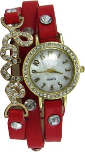 Spinoza Red leather love diamonds studded on case and belt for girls Analog Watch  - For Girls