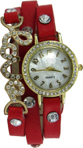 Spinoza Red leather love diamonds studded on case and belt for girls Analog Watch - For Girls