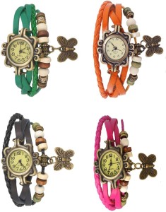 NS18 Vintage Butterfly Rakhi Combo of 4 Green, Black, Orange And Pink Analog Watch  - For Women