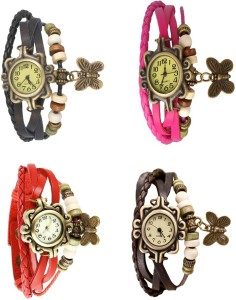 NS18 Vintage Butterfly Rakhi Combo of 4 Black, Red, Pink And Brown Analog Watch  - For Women