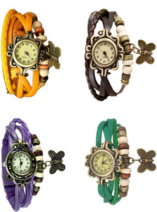 NS18 Vintage Butterfly Rakhi Combo of 4 Yellow, Purple, Brown And Green Analog Watch - For Women