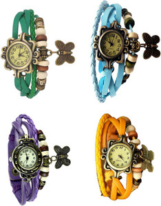 NS18 Vintage Butterfly Rakhi Combo of 4 Green, Purple, Sky Blue And Yellow Analog Watch - For Women