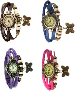 NS18 Vintage Butterfly Rakhi Combo of 4 Brown, Purple, Blue And Pink Analog Watch - For Women