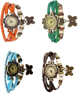 NS18 Vintage Butterfly Rakhi Combo of 4 Orange, Sky Blue, Green And Brown Analog Watch - For Women