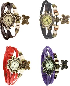 NS18 Vintage Butterfly Rakhi Combo of 4 Brown, Red, Black And Purple Analog Watch  - For Women