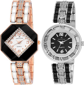Swisstone CREM609-WHT-GOLD & CREM512-BLK-SLV Analog Watch - For Women
