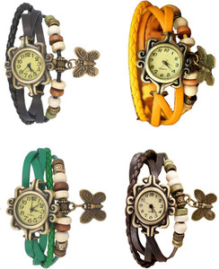 NS18 Vintage Butterfly Rakhi Combo of 4 Black, Green, Yellow And Brown Analog Watch - For Women