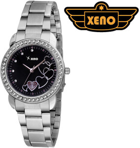Xeno GN432 Silver Chain Diamond Studded Heart Design Black Dial Unique Analog Watch - For Girls