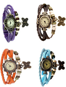 NS18 Vintage Butterfly Rakhi Combo of 4 Purple, Orange, Brown And Sky Blue Analog Watch - For Women