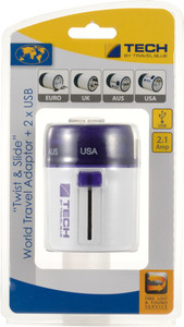 Travel Blue Twist & Slide with Dual USB Charger Worldwide Adaptor