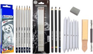 Definite ARTLINE 6Pc Sketch Pencils + 6Pc Blending Stumps + Camlin 3Pc  Black Charcoal Pencil
