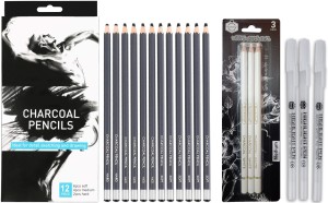 12 Pieces (Soft, Medium & Hard) Charcoal Pencils for Drawing