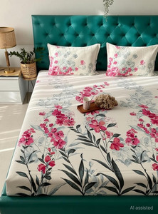 Cotton King Fitted (Elastic) 200 TC Floral 1 Summer Bedsheet with 2 Pillow Covers