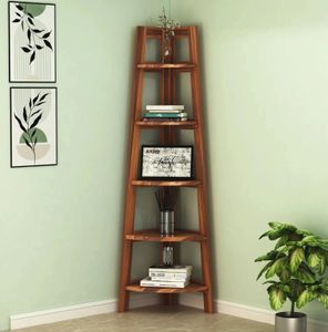 AakroCrafts Sheesham Wood Corner Shelf 5 Tier Corner Bookshelf Ladder Bookcase Display Unit Solid Wood Open Book Shelf