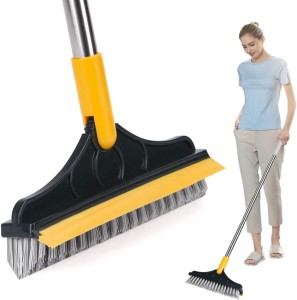 Parulenter Bathroom Cleaning Brush with Wiper 2 in 1 Tiles Cleaning Brush with Long Handle Fiber Wet and Dry Brush