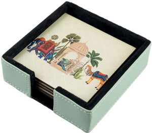 Square Leather, Wood Coaster Set