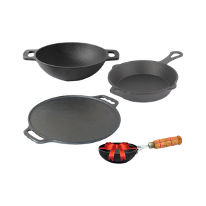 Pre-Seasoned Cast Iron Cookware Set + Free Tadka Pan | Tawa, Kadai & Fry Pan Induction Bottom Cookware Set