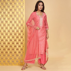 RANGMANCH BY PANTALOONS Women Coral-Coloured & Embroidered Kurta with  Trousers & Dupatta