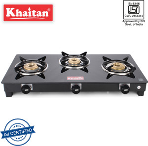 Khaitan 3 Burner Active Black Glass Manual Gas Stove Price in
