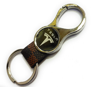 Jdp Novelty Round Shape Leather Metal Keychain for Tesla Car. Key