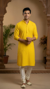 Men Chikan Embroidery, Embellished Straight Kurta