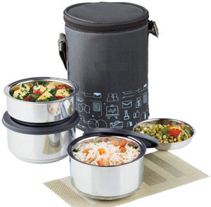 Flipkart SRV Round Stainless Steel Lunch Box with Bag Microwave Safe Office Tiffin 3 Containers Lunch Box