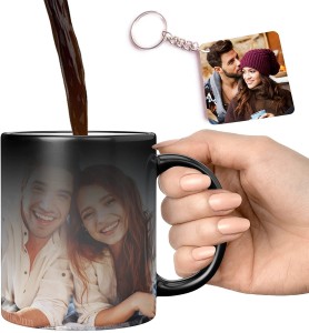 RichChoice Personalized Photo and Text Ceramic / Cup For Birthday , Anniversary Gift Magic + KEYCHAIN Ceramic Coffee (330 ml, Pack of 2) Ceramic Coffee Mug