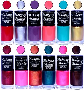 Makeup Mania HD Color Nail Polish Set of 12 Pcs (Combo MM-121) Red, Silver, Purple, Carrot Pink, Turqoise, Golden, Light Pink, Copper, Green Shimmer, Brown Sparkle