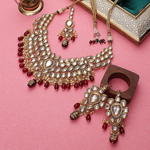 Steorra Jewels Red Kundan Necklace Wedding Jewellery Set with