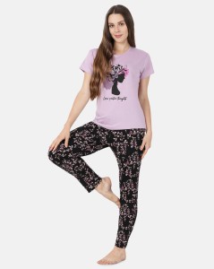 Buy Morrio Women Purple Printed 100%Cotton Top and Pyjama Set (L