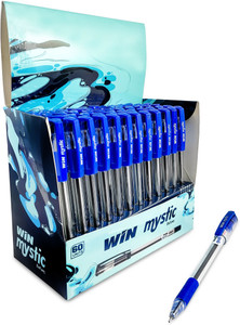 Win Mystic Ball Pens 60 Pcs Blue Ink Comfortable Elasto Grip Smooth Ink Flow 0.7mm Tip for Precision Writing Ideal for Students For School Office