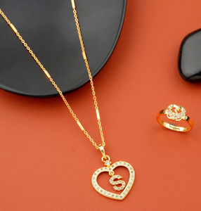 Jewel WORLD S name letter Diamond Pendant locket chain with letter ring for girls & women Gold-plated Beads Alloy Pendant