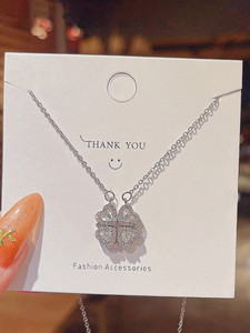 Four Magnetic Hearts Clover Two In One Silver Pendant Necklace Stainless Steel Pendant