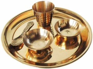 SNAPNCLAP Laddu Gopal Bhog Thali Set,Bhog Bartan for Puja/Bhog for Mandir (1 Set, Brass) Gold Plated