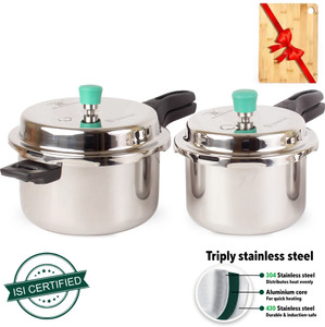 The Indus Valley Triply Stainless Steel Pressure Cooker Combo Free Wooden Chopping Board 3 L 5 L Outer Lid Induction Bottom Pressure Cooker Price in India Buy The Indus Valley