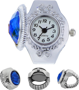 Seven Square Round Shape Blue Crystal Designer Analog Finger Ring