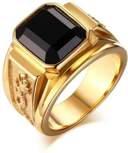 Jewelgenics Elegant Gold Plated Black Stone Ring for Men Alloy