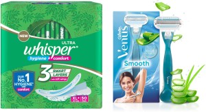 Whisper Ultra Clean 50s plus Venus Hair Removal Razor (Women Hygiene Combo) Sanitary Pad
