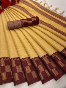 Buy Elegantik Woven Checkered Chettinadu Cotton Silk Beige Sarees Online Best Price In India Flipkart