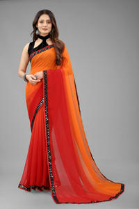 Buy Mitiv Printed Ombre Temple Border Striped Woven Dyed Jamdani Georgette Red Orange Sarees Online Best Price In India Flipkart