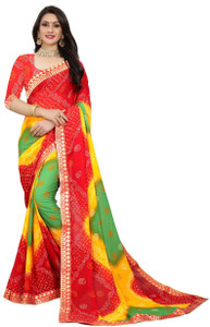 Buy Kanooda Prints Printed Bandhani Georgette Red Sarees Online