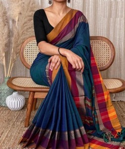 Buy Sanchita Sarees Woven Handloom Pure Cotton Dark Blue Sarees Online @ Best  Price In India