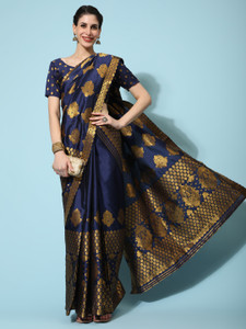 Buy HAVIDA Woven Mekhela Chador Silk Blend Dark Blue Sarees Online